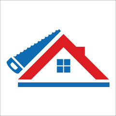 home improvement logo with house and saw image in red and blue color made clean simple and modern