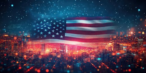  American flag illuminated with bright lights against a futuristic city skyline, representing national pride and unity in a modern, digital context.