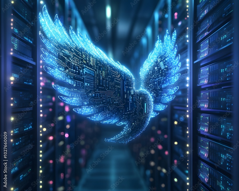 Aufkleber a digital representation of a wing in a server room, symbolizing technology and freedom in a modern 