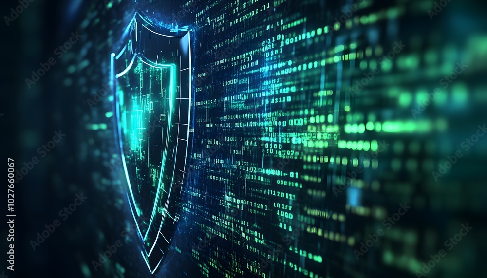Poster a digital shield representing cybersecurity, blending technology and protection with glowing data st