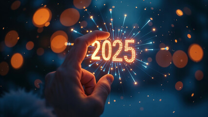 Hand touching on download bar status to change from 2023 to 2024 for countdown of merry Christmas and happy new year by technology concept, start new business and new life