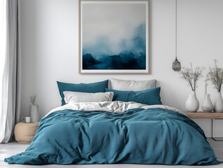 Minimalist Bedroom with Teal Bedding and Wooden Decor