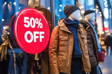 Fototapeta premium Storefront Window Display: A close-up of a beautifully decorated store window showcasing mannequins dressed in trendy outfits with large 