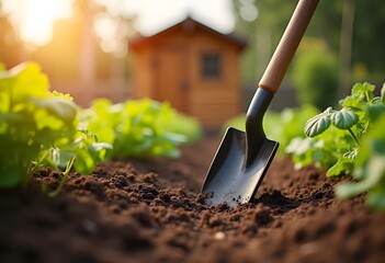 Shovel in soil in the garden.

