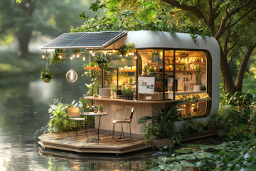 Eco-friendly outdoor cafe with solar panels and carbon neutral energy, 3D illustration