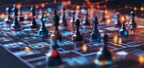 A modern chess game depicted with a futuristic digital background, showcasing strategic thinking and competitive spirit.