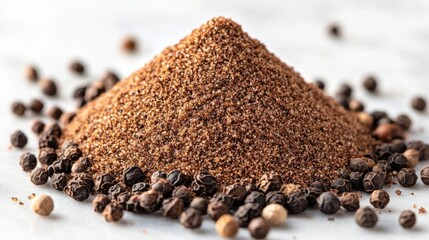 A small heap of ground black pepper with whole peppercorns nearby, scattered on a white background