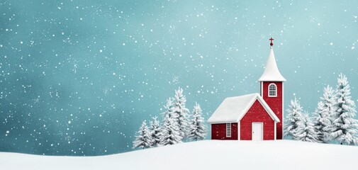 Fototapeta premium Red church in snowy landscape under falling snow, peaceful winter scene.
