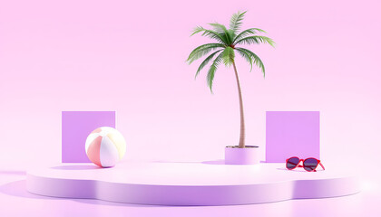 Obraz premium 3D render, purple summer concept with empty podium for showing product decorate with summer beach ball, tree and sunglasses on pastel background isolated with white highlights, png