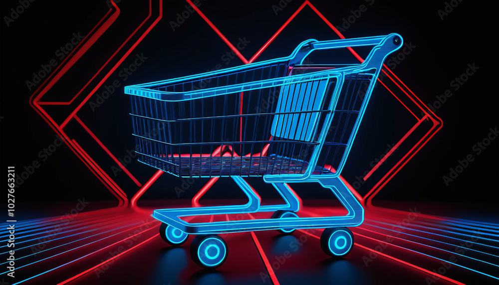Poster artificial intelligence in retail concept with high-tech background and prominent shopping cart symb