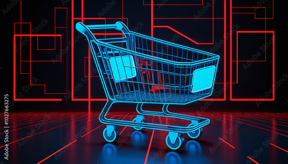Poster artificial intelligence in retail concept with high-tech background and prominent shopping cart symb