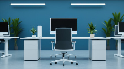 modern office space featuring sleek desks, ergonomic chairs, and vibrant plants, creating productive and inviting atmosphere. design emphasizes functionality and aesthetics