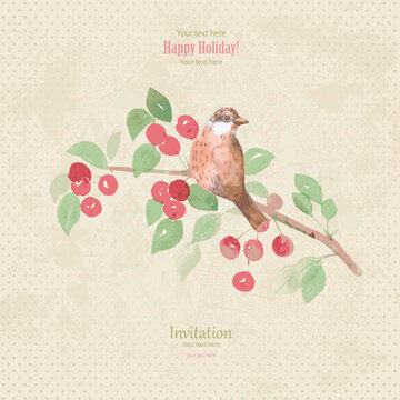 watercolor vintage invitation card with a bird perching on a branch of crabapple against grunge background