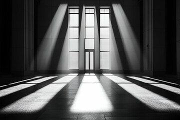 A large room with a window and a door. The room is empty and the light is shining through the window