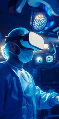 Male doctor in operating room wearing safety clothing to avoid infecting patients and mask using VR virtual reality glasses. Science of the future.AI