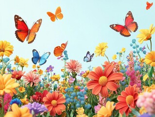 Illustrate a lush, eco-friendly garden alive with colorful butterflies at a tilted angle view