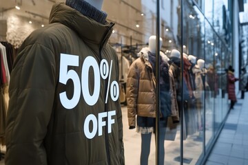 Storefront Window Display: A close-up of a beautifully decorated store window showcasing mannequins dressed in trendy outfits with large "50% OFF" signs prominently displayed. The reflections of passi