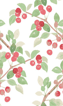 watercolor seamless texture with branches of crabapple. red small apples with leaves.