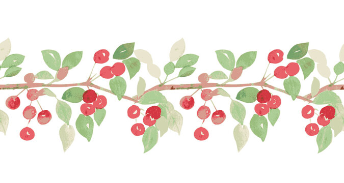 watercolor seamless border with branches of crabapple. red small apples with leaves.