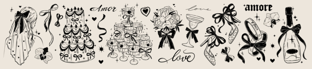 Wedding coquettish illustration set, vector hand drawn bride vail, champagne tower, celebration cake. Vintage romantic holiday rings, ribbon bow, flower bouquet wine glass bottle. Wedding illustration © Oleksandra