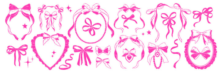 Coquettish ribbon bow vector set, Valentine girly frame kit, romantic pink border, vintage accessory. Feminine knot, wedding invitation design element, festive elegant decor. Coquettish bow sticker