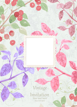 watercolor card with branches of crabapple and colorful autumn leafy twigs. vintage paper photo frame against floral pattern on grungy background