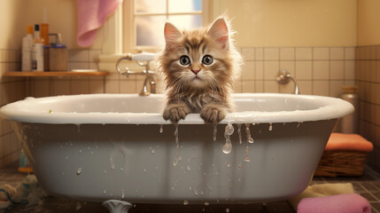 A cat taking a bath in the bathroom