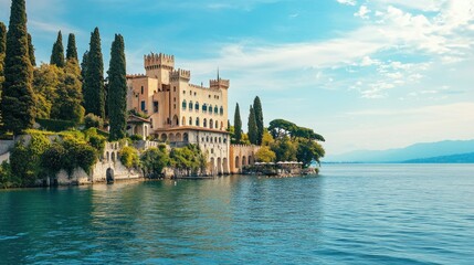 Fototapeta premium Scenic View of Rocca Scaligera Castle by the Water