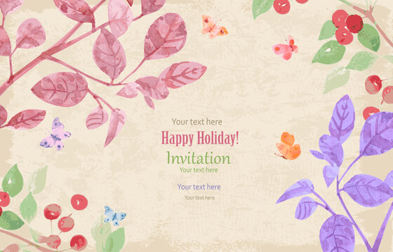 watercolor banner with branches of crabapple and colorful autumn leafy twigs. invite card with floral pattern on grungy background