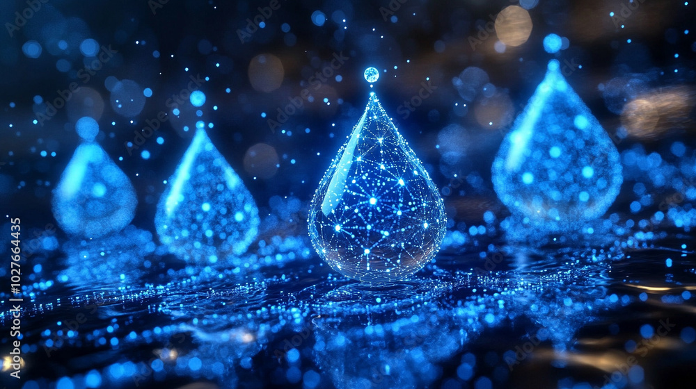 Poster digital water drop icon features cascading binary code, symbolizing the fusion of technology and nat