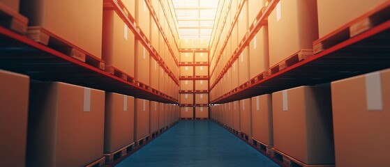 Storage warehouse with neatly stacked boxes and bright overhead lighting.