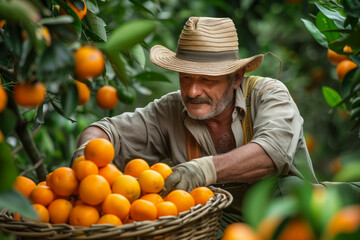 An experienced farmer carefully selects ripe oranges from a lush grove, focusing intently on quality and freshness