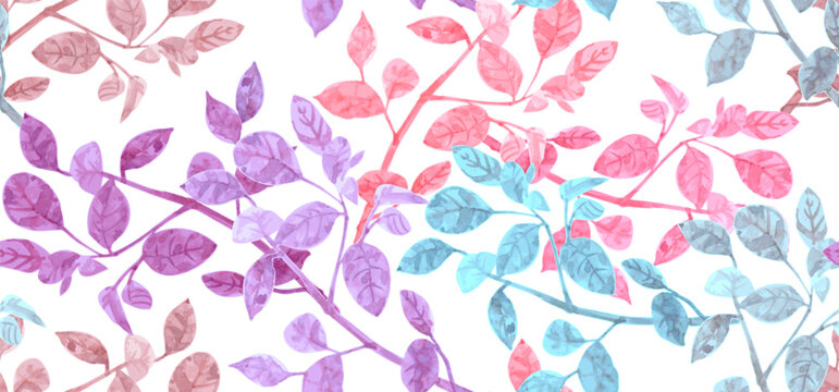 watercolor colorful seamless texture with leafy branches on white background
