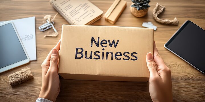  Hands hold a package labeled "New Business," symbolizing new ventures and entrepreneurship. Represents the beginning of a fresh professional journey or startup.