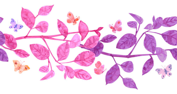 watercolor colorful seamless border with leafy branches and butterflies.