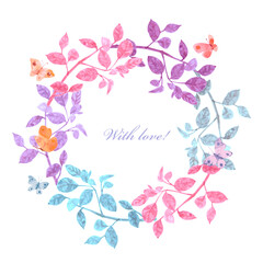 watercolor colorful wreath of leafy branches and butterflies. invite card with autumn floral circle frame