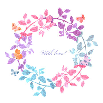 watercolor colorful wreath of leafy branches and butterflies. invite card with autumn floral circle frame