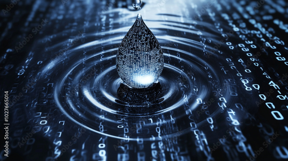  digital water drop icon features cascading binary code, symbolizing the fusion of technology and nat