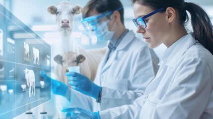 Scientists in a futuristic laboratory analyzing holographic nutritional data of alternative livestock feeds. Interactive farm animal holograms. Modern advancements in sustainable farming technologies.