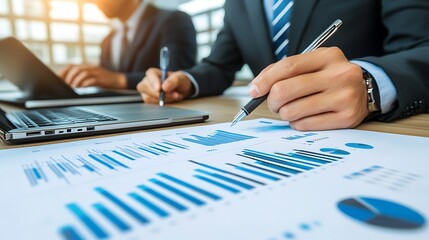 Businessmen analyzing financial data on charts and graphs during a meeting.