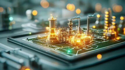 A futuristic cityscape emerges from a circuit board, blending technology with industrial elements and glowing lights, symbolizing innovation and connectivity.
