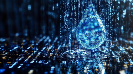 digital water drop icon features cascading binary code, symbolizing the fusion of technology and nature, representing data flow and innovation in the digital age