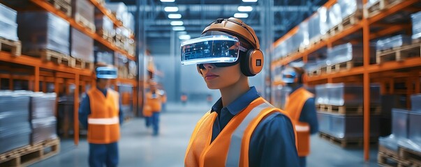 A warehouse worker uses virtual reality technology for training or safety in a modern industrial setting.