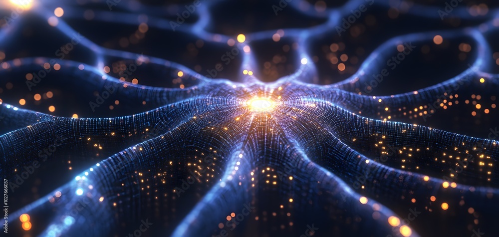 Poster abstract digital art showcasing intricate patterns with glowing particles in a cosmic network, perfe