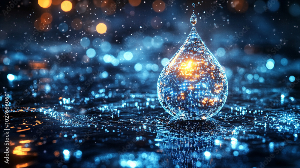 Poster digital water drop icon features cascading binary code, symbolizing the fusion of technology and nat