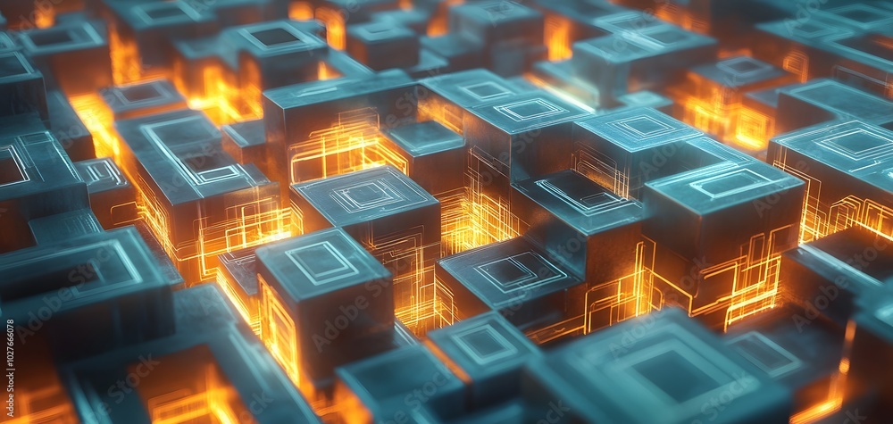 Poster abstract digital landscape with glowing blocks and intricate patterns, representing technology and i