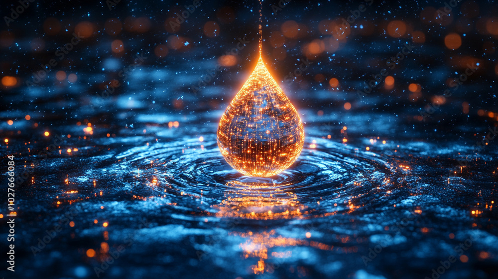 Poster digital water drop icon features cascading binary code, symbolizing the fusion of technology and nat