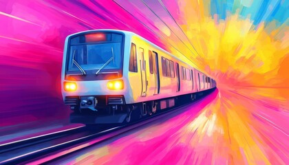 Naklejka premium Vibrant train speeding through a colorful abstract tunnel, dynamic and energetic feel.