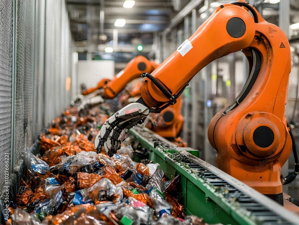 Aufkleber advanced robotic arm sorting waste on a conveyor belt in a modern recycling facility, showcasing aut