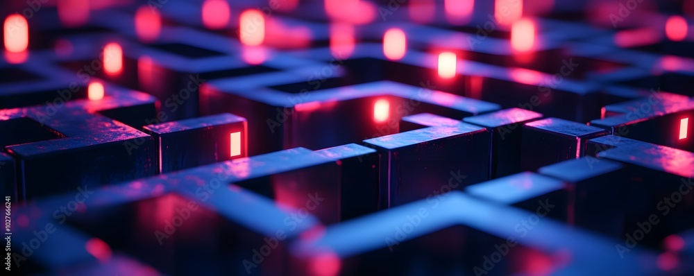 Poster Abstract view of a modern maze with illuminated pathways, creating a captivating tech-inspired atmosphere.